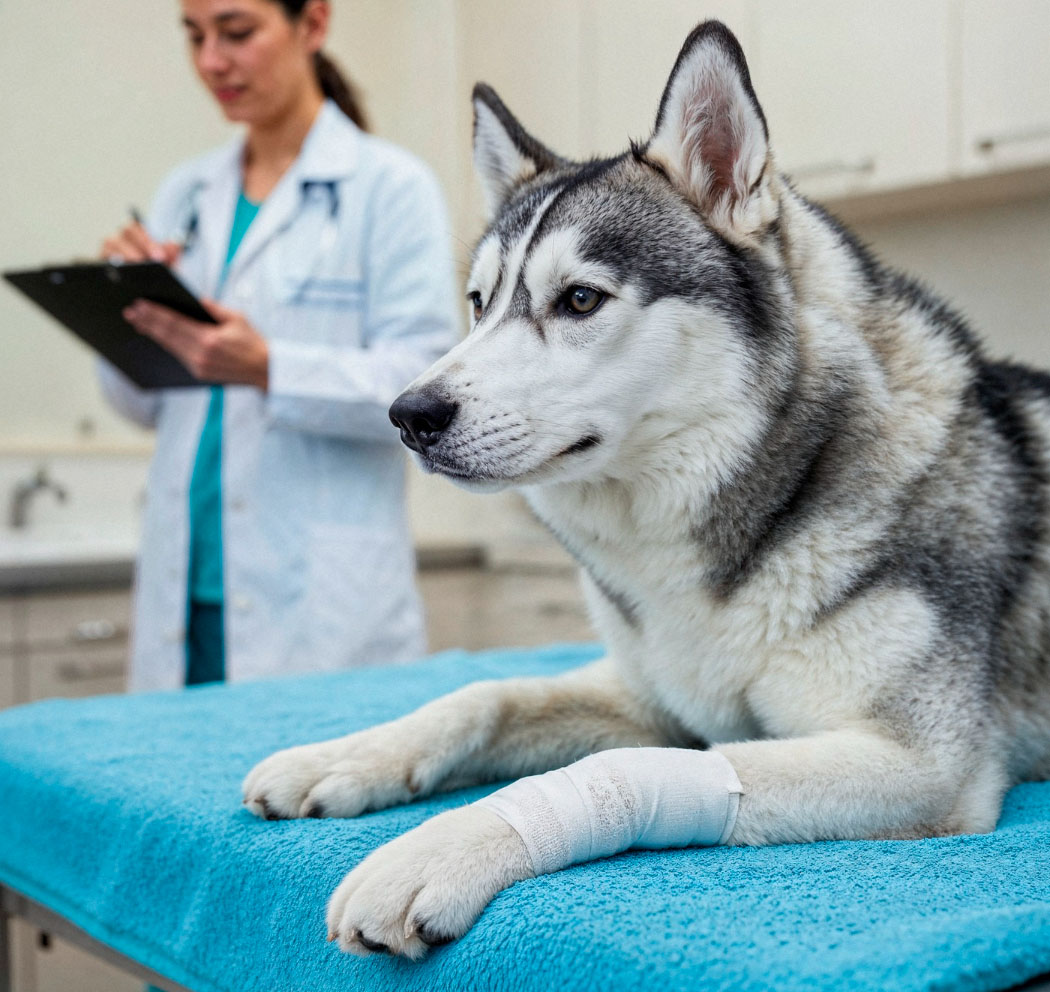 a dog with bandaged paw