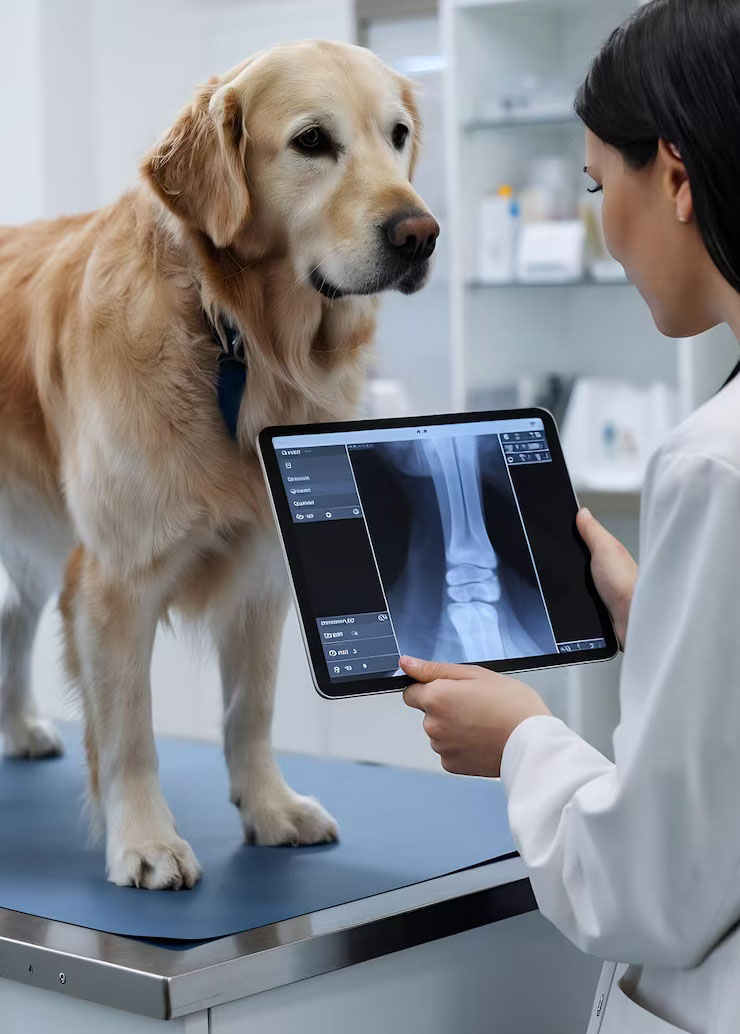a vet showing a dog’s limb X-ray